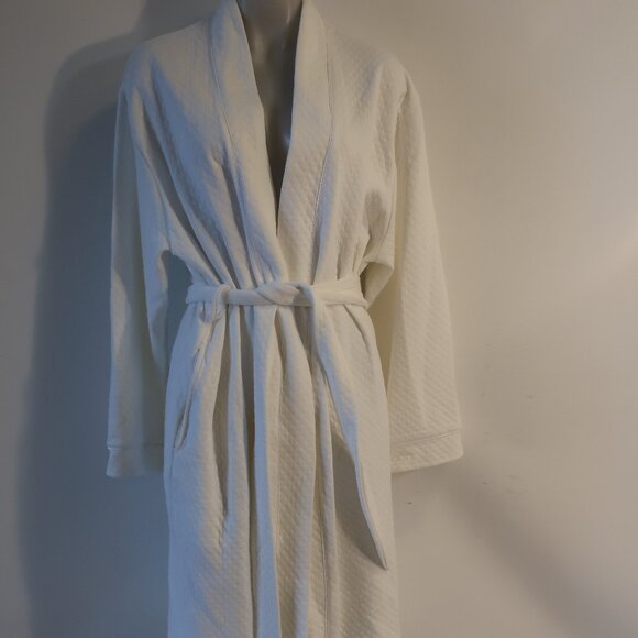 Womens Cotn White Cotton Blend Diamond Jacquard Belted Robe M​ - Picture 1 of 13